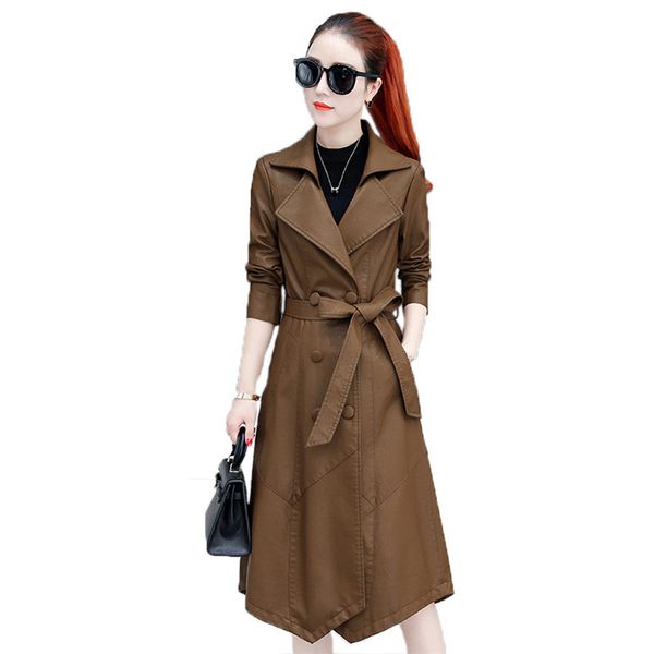 

fashion faux leather coat women m-3xl plus size wine red black autumn winter new korean lapel slim long faux leather coat lr379
