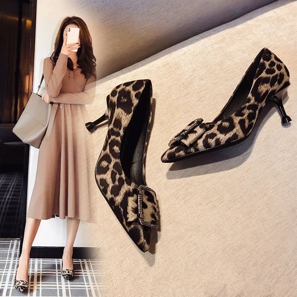 

leopard shoes branded pumps casual heels sandals ladies lace-up pointed wedge 2019 shallow mouth slip om all-match fashion, Black