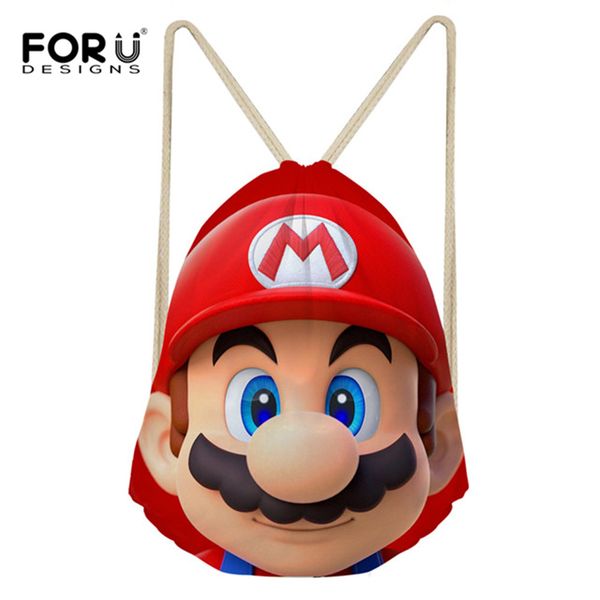 

forudesigns new cartoon super mario printed small string backpack women boys casual travel drawstring bag kids teen boy sack bag