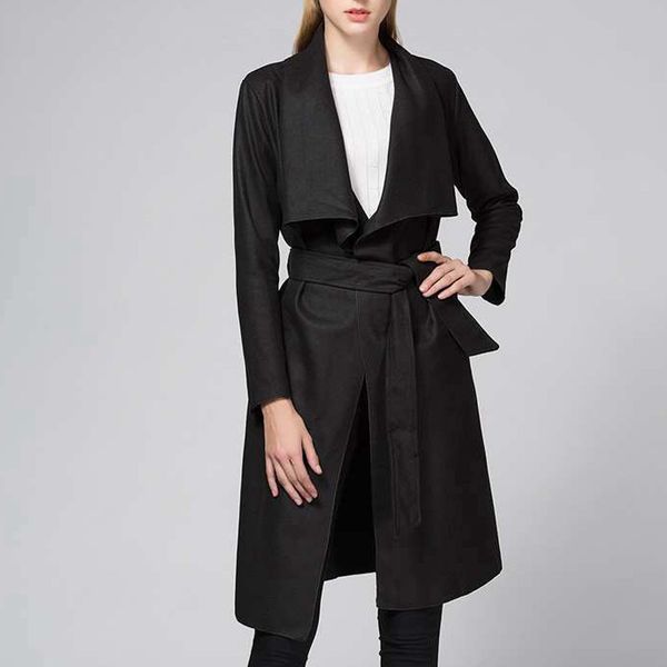 

fashion spring autumn winter new women's casual wool blend trench coat long coat with belt abrigos mujer invierno 2019, Black