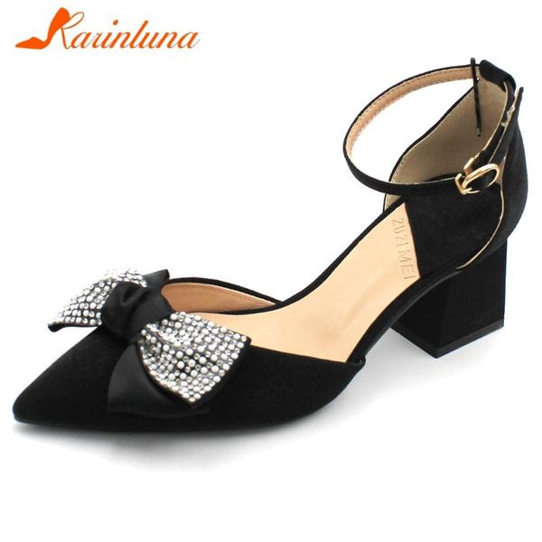 

karin 2020 new design sweet bowtie chunky high heels summer shoes woman sandals buckle strap crystal party sandals women, Black