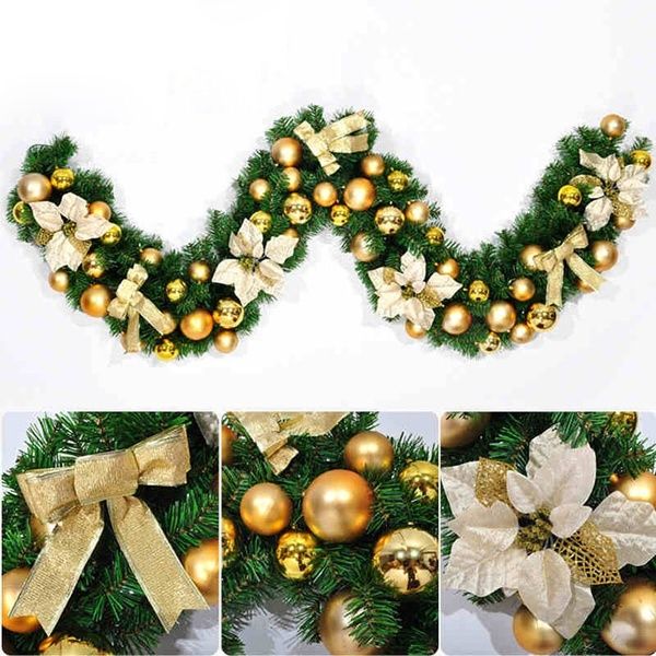 

2.7m gold/red luxury bowknot flower balls decorated thick mantel fireplace christmas garland pine tree