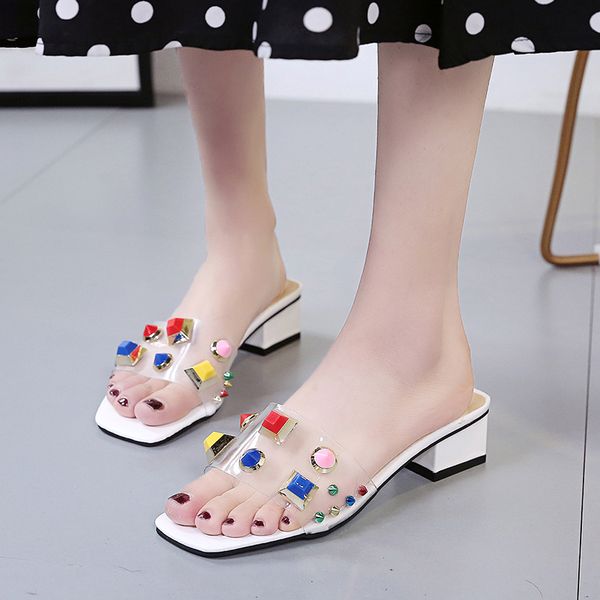 

women colorful rivet pvc transparent slides women fashion 2019 square heels slip on sandals beach casual shoes woman slippers, Black
