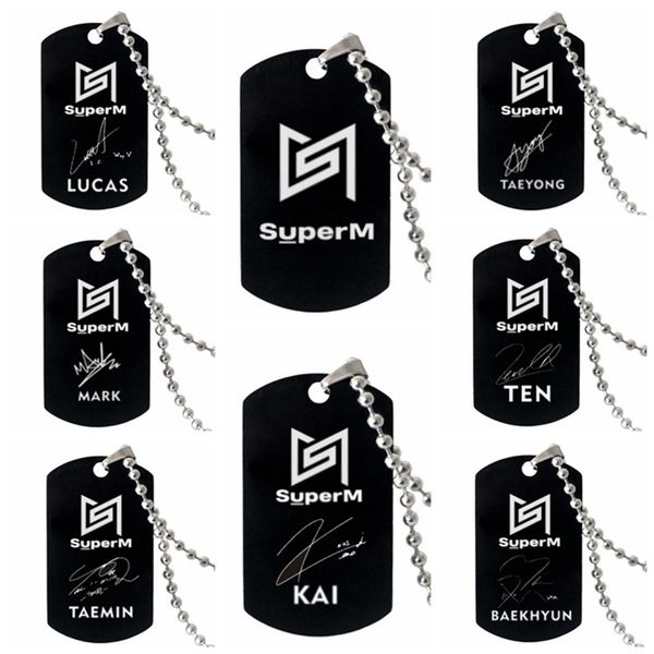 

k- superm baekhyun kai taemin taeyong mark lucas ten logo name stainless steel necklace black pendant necklace fan collection, Silver