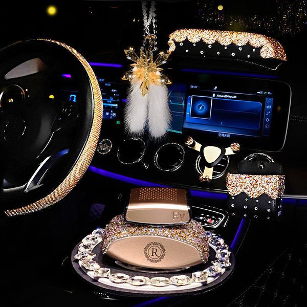 

champagne gold diamond car interior snowflake pendant soft steering wheel covers tissue box square car perfume diffuser bottle