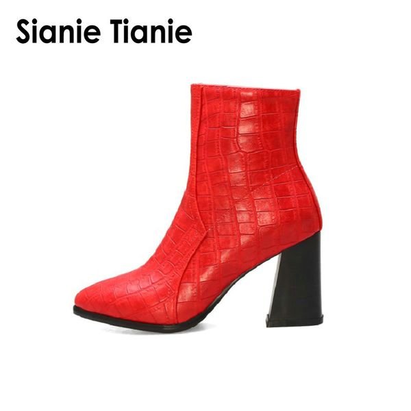 

sianie tianie 2019 new winter autumn woman shoes red grey white black block high heels boots zipper pointed toe ankle boots