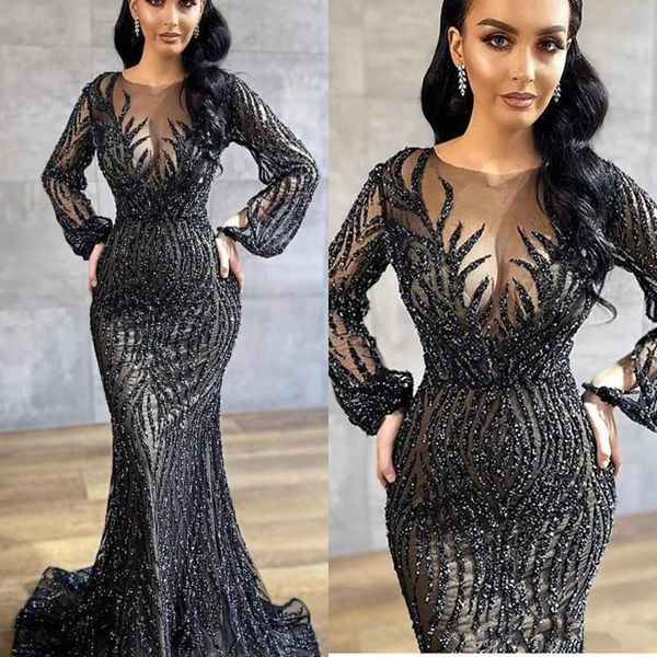 2020 Black luxuoso mangas compridas sereia vestidos de baile muçulmanos vestidos de noiva retrocesso de cristal de cristal de cristal