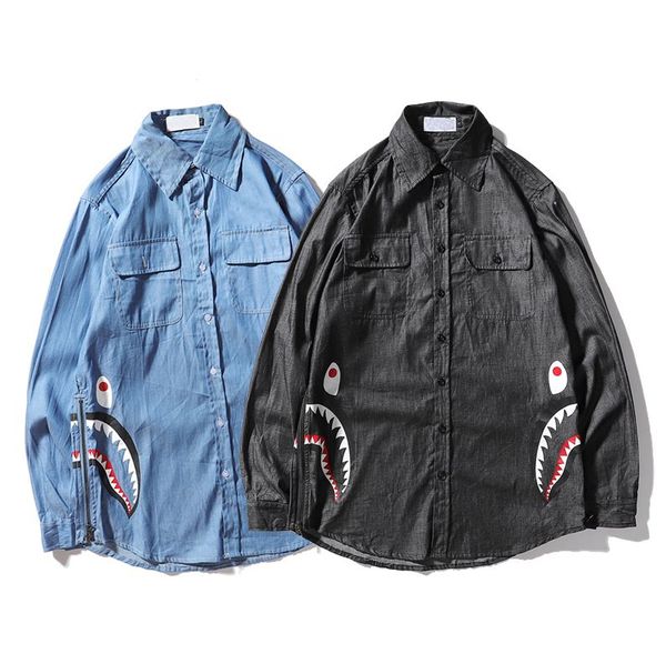 

early autumn jean shirts japanese street fashion brand coats double zipper shark denim men and women couple embroidery long-sleeved shirt, White;black