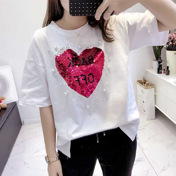

beading discoloration love heart sequins t shirt women 2020 summer korean loose short sleeve tee shirt femme white tshirt