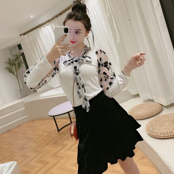 

мода printed сетки строчка свитер top высокой талией для похудения все матча рябить юбка двухсекционный костюм для женщин, White