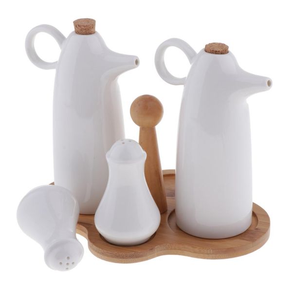 

set of 5 bottles of oil vinegar dispenser pot of spices with ceramic base