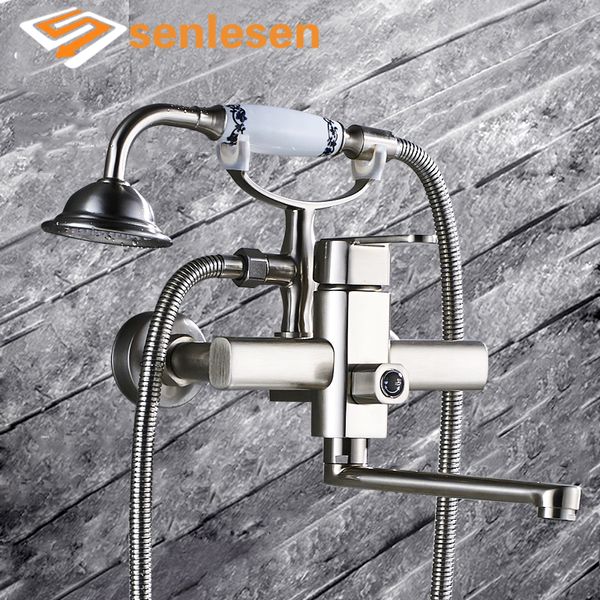 

wholesale and retail bathroom tub faucet wall mount adn cold mixer tap black nicke brass bathtub faucets long spout