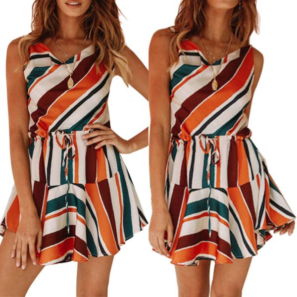 

women lady sleeveless v-neck stripped dress summer holiday casual mini sundress, Black;gray