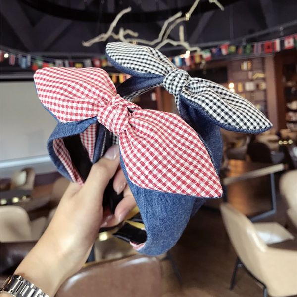 

autumn and winter new denim fabric simple plaid contrast color ears bow wide-brimmed headband glamour jewelry