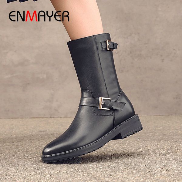 

enmayer 2019 genuine leather luxury shoes women designers ankle boots for women slip-on round toe square heel boots 34-42, Black