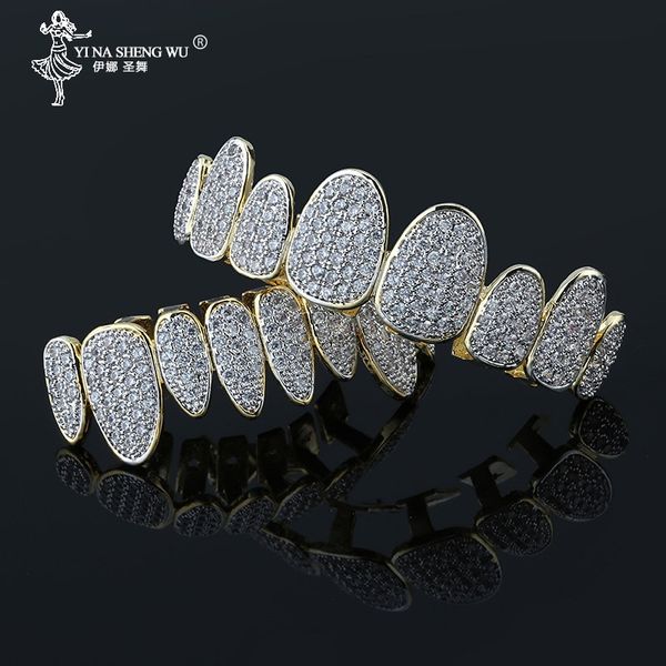 

new arrival hip hop gold color iced out teeth grillz & bottom grills dental mouth punk teeth caps cosplay party jewelry, Slivery;golden