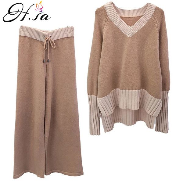 

h.sa 2018 winter new women two pieces sweater suite v neck loose style female knit jumpers wide leg pants sweater suit korean, White;black
