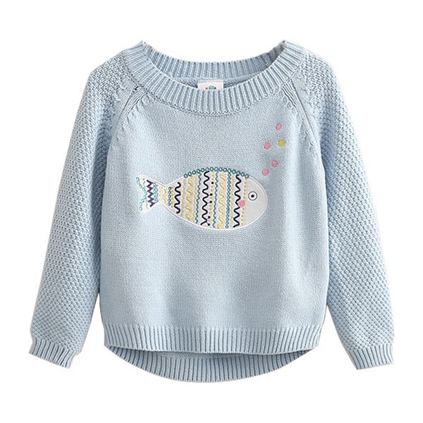 

baby sweater 2019 autumn and winter dress korean version new girls' cartoon sticker long sleeve embroidered sweater, Blue