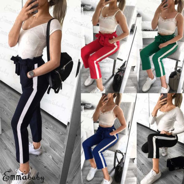 

new fashion women high waist pant elastic stretch bowknot drawstring cigaratte striped trousers ladies casual pants size 6-14