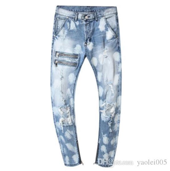 

mens jeans stretch slim cotton casual trousers european and american style zipper decorative button fashion mens jeans, Blue