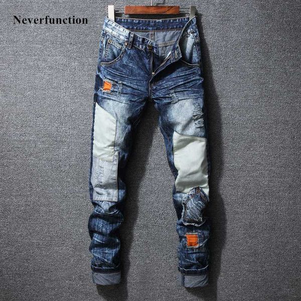 

new men ripped personality patch patchwork hip hop biker jeans distressed destroyed streetwear denim pants mens trousers 40, Blue