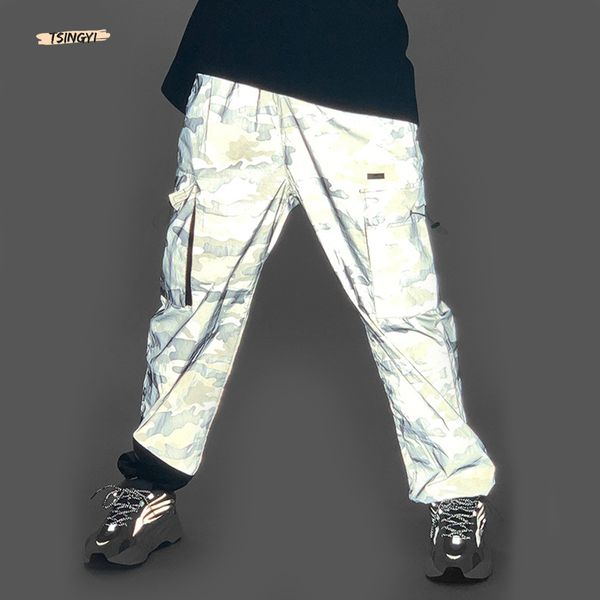 

tsingyi hight street grey camouflage reflective pants men pocket loose sweatpants man reflective trouser, Black