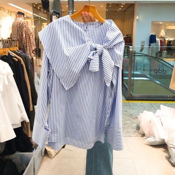 

spring 2020 new shawl collar long-sleeved stripes shirt women's large bow loose blouse lady elegant, White