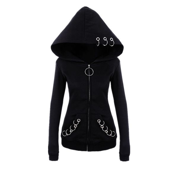 

fashion 2018 autumn women loose casual gothic hoodies black long sleeve zipper punk sweatshirts, Black;brown