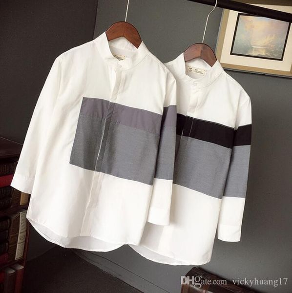 

2019 летняя мужская одежда небольшой свежий стенд воротник рубашки мужской три четверти рукав тенденция тонкий рубашка лоскутное 7 с коротки, White;black