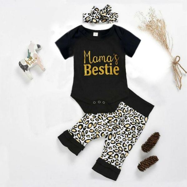 

mother's day for toddler clothing sets kids baby girls letter romper leopard pants headbands outfits summer children clothes, White