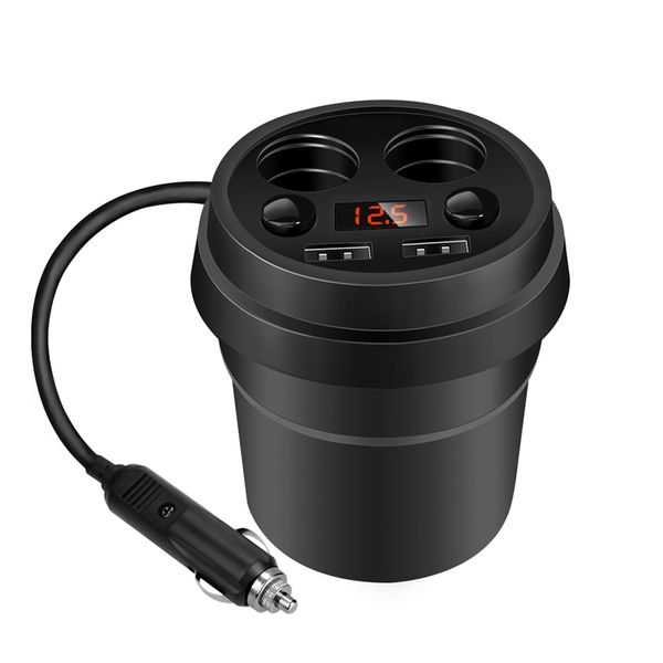 

smart car charger cup led display charging power adapter with 2 usb ports and 2 cigarette lighters plug for gps dvr phone charge