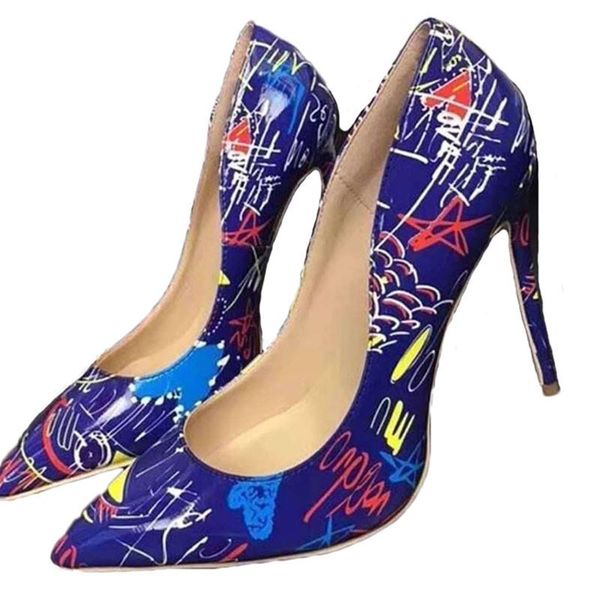 

artistic graffiti print woman heel women stiletto high heels black ladies party wedding shoes pointed toe ladies pumps shoes size 35-42