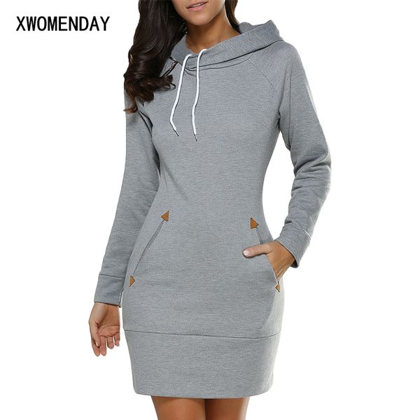 

winter warm women casual straight short dress long sleeve hooded pockets autumn mini fashion red black party dresses femme, Black;gray