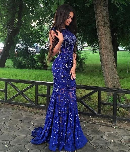 

royal blue lace prom dresses sparkly crystals open back sleeveless mermaid see through new women pageant evening gowns 2019 party dresses, Black;red