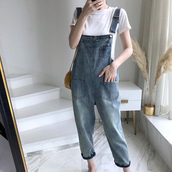 

casual loose danim overalls for women 2020 new lady blue pockets denim overall jumpsuit rompers femme ninth pants female pants