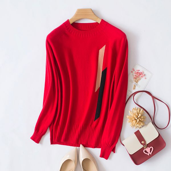

winter pullover woman red side split wool knitted sweater autumn loose print round neck christmas sweater jumper ladies clothes, White;black