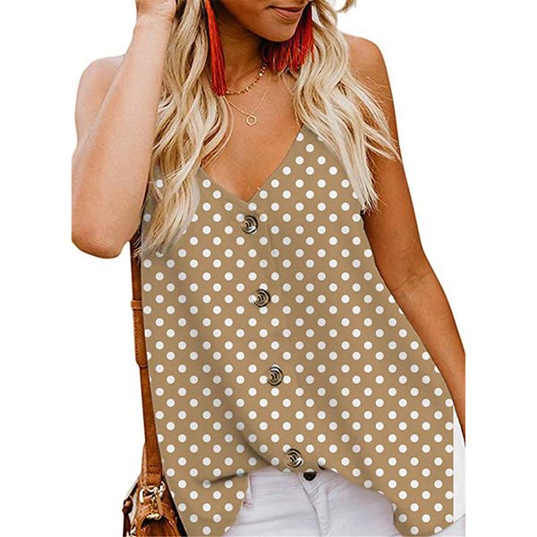 

womens ladies blouse party summer polka dot fashion printed cami spaghetti strap casual buttons, White