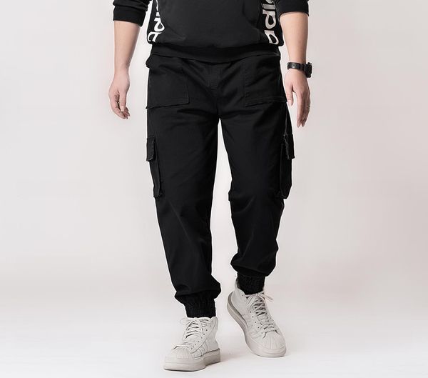 

2019 new arrival men's plus size loose sports full pants full trousers solid cargo pants multi-pocket, Black