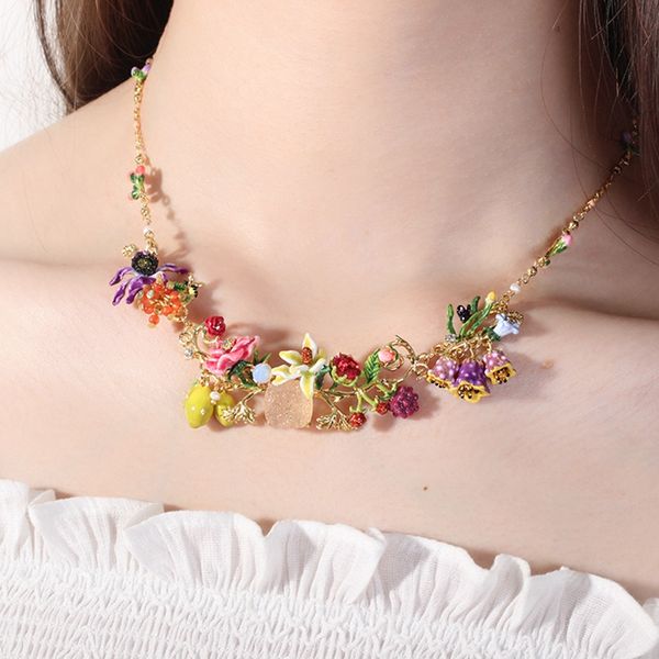 

luxury enamel glaze flower lemon fruit chain necklace for women statement gold color crystal lady necklace bridesmaid gift xl013, Silver