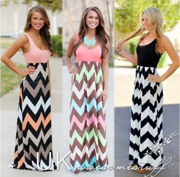 

6601 x selling summer slim fit sleeveless crew neck slim fit wave pattern long dress, Black;gray