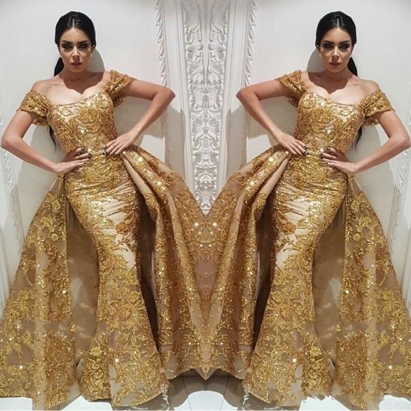 

Glitz Off Shoulder Short Sleeves Gold Mermaid Prom Dresses 2019 Lace Appliques Overskirt Arabic Sequined Evening Gowns