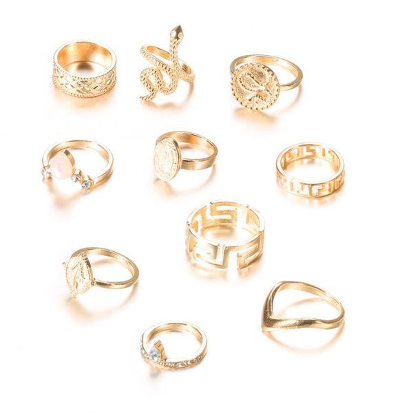 10 pc / set encanto da cor do ouro cobra Cristal Midi Dedo Set Anel por Mulheres Boho Vintage Knuckle Partido Anéis Punk Jóias