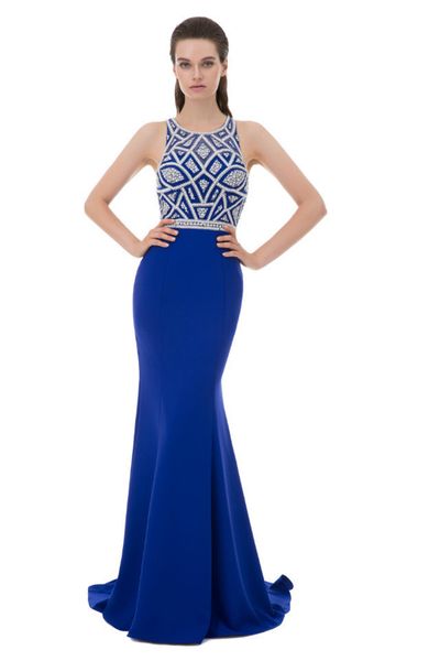 

luxury mermaid evening dresses scoop neck royal blue crystal beaded sleeveless prom party gowns celerity formal bridal reception dresses, Black;red