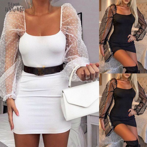 

bandage dress autumn women bodycon dress slim sheath dress mesh sheer long sleeve 2020 spring party dresses, Black;gray