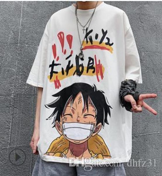 

2020 one piece series summer hip hop cartoon print loose trend short sleeve t-shirt men, White;black