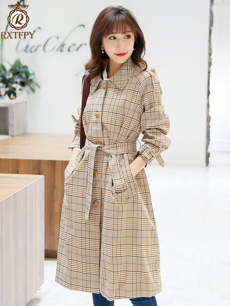 

new women springtime turn-down collar dust coat single-breasted leisure female waistband female loose grid printing dust coat a, Tan;black