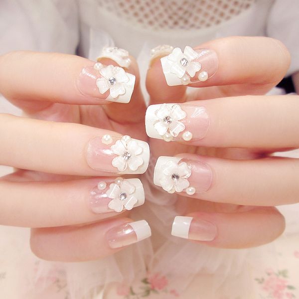 

false nails french style bride 24 sheet/set fake nail tips white pearl floret simple beauty glue design art manicure stickers d22, Red;gold