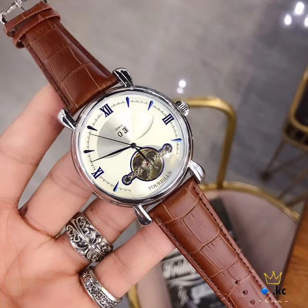 

business brand designer mens watch luxury mechanical automatic flywheel 42mm genuine leather strap fashion man watches for men new year vale, Slivery;brown