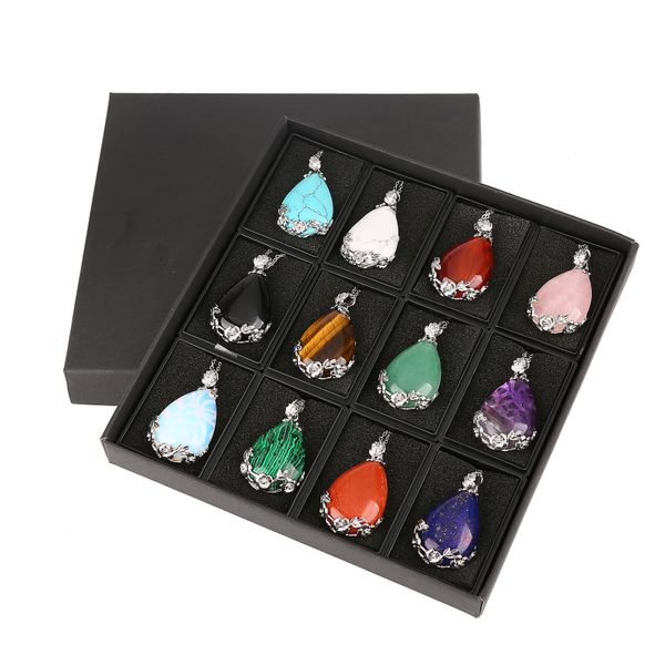 

12 random stone alloy water drop pendant (silver) men and women necklace popular retro fashion jewelry