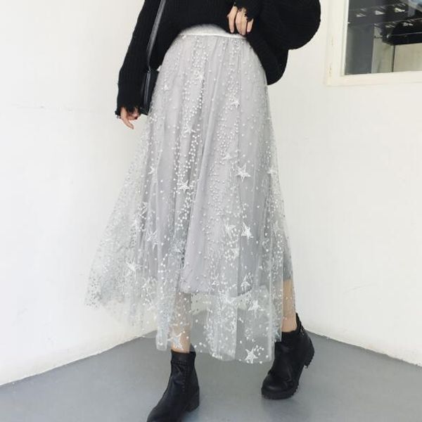 

2019 spring summer women layers embroidery long skirts elastic waist elegant mesh saia a line faldas female skirt bohemian dv684, Black